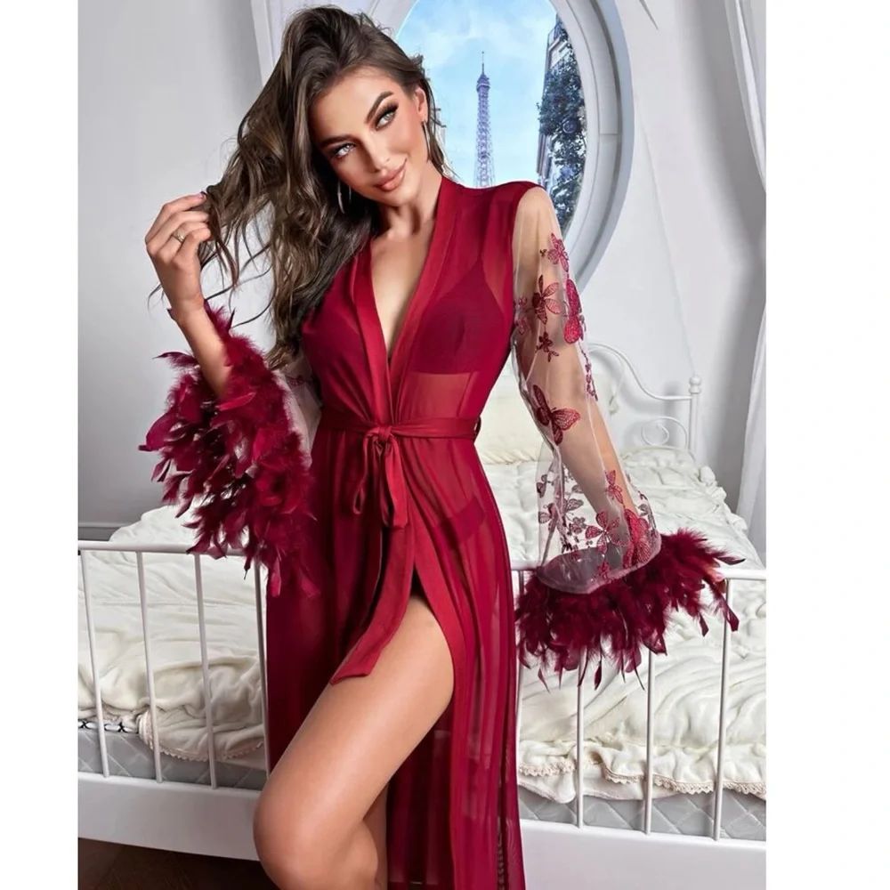 Butterfly and Floral Embroidered Feather Belted Robe ๐ - Picture 1 of 7